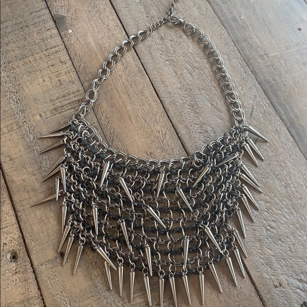 Gunmetal Spike Statement Necklace Chain Fringe Punk Goth 19” With Earrings